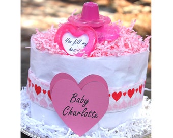 You Fill My Heart Diaper Cake - Personalize - 2 Tier Cake - February Baby Girl Shower