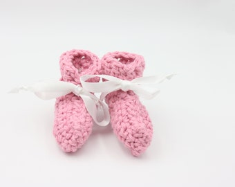 Pink Cotton Preemie Baby Booties with White Ribbon Ties - Summer Booties for Girls -