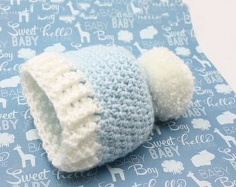 Baby Boy Blue Hat - Crochet Blue Newborn Hat with White Ribbing and Pompom