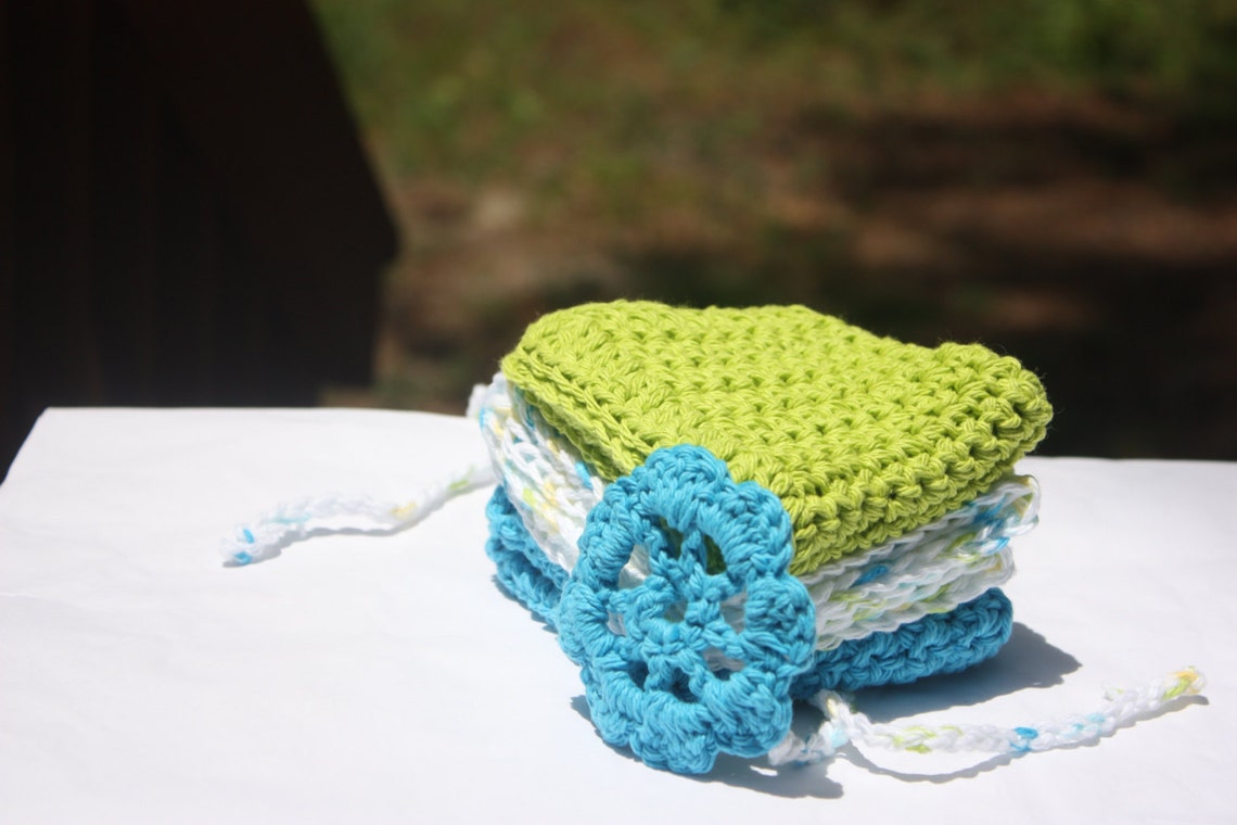 Blue Green Baby Washcloths Crochet Baby Washcloths Cotton Crochet
