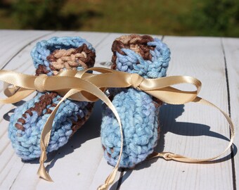 Camo Preemie Booties - Blue and Brown Booties - Army Baby Boy - Crochet Preemie - Preemie Boy Booties