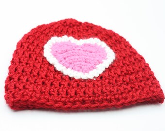 Valentine Baby Hat - Pink Heart Red Infant Hat - Newborn Red Crochet Hat with Appliqued Heart