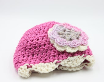 Raspberry Beanie with Scalloped Trim Flower Baby Girl Hat