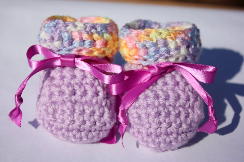 Purple Baby Booties Purple Girl Baby Booties Rainbow Booties Crochet Booties Booties With Ribbon image 2