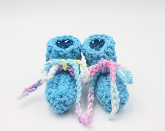 Blue Cotton Preemie Baby Booties with Rainbow Variegated Ties - Summer Preemie Booties - Tiny Blue Baby Booties