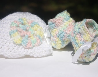 Rainbow Crochet Baby Set - Crochet Baby Gift Set - Newborn Booties and Hat Set - Baby Bootie Hat Set
