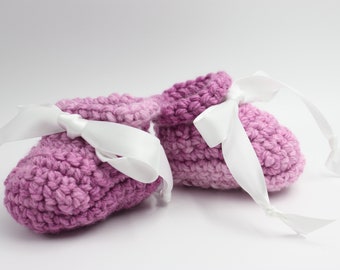 Crochet Plum Booties - 3 to 6 Months Baby Booties - Ribbon Ombre Booties