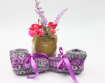 Purple Gray Preemie Booties - Crochet Preemie Booties  - Variegated Baby Booties