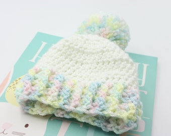 White Baby Hat with Ribbed Rainbow and Pompom - Spring Newborn Gift - Pompom Baby Beanie