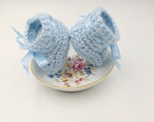 Blue Baby Boy Booties - Crocheted Newborn Baby Booties With Ribbon Ties