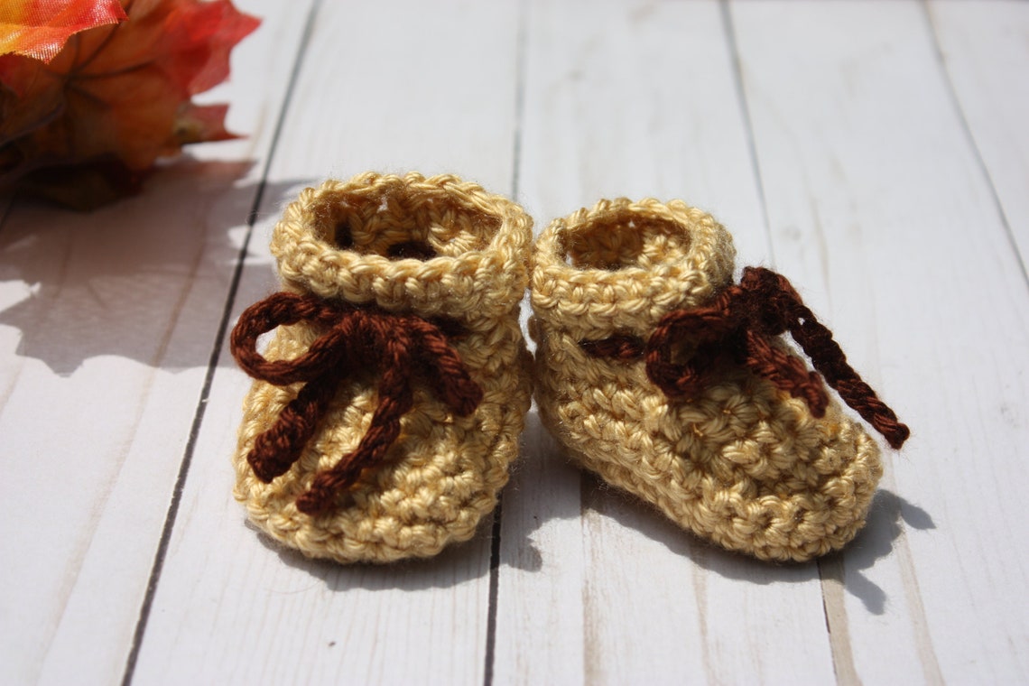 Gold Baby Booties With Brown Ties Fall Baby Booties Autumn Newborn Baby