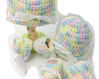 Twin Baby Pastel Rainbow Hat Booties Set - Handmade Newborn Twins Gift - Spring Multiples Baby Set