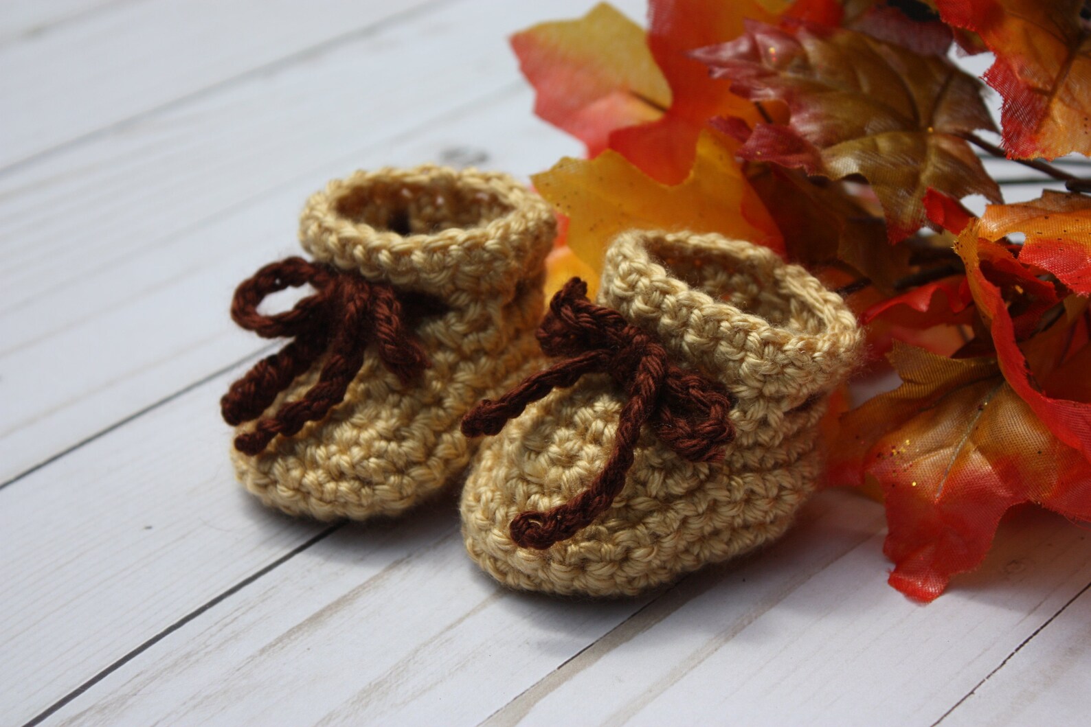 Gold Baby Booties With Brown Ties Fall Baby Booties Autumn Newborn Baby