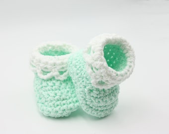 Mint Green Cotton Baby Booties with White Lacey Cuff - Summer Baby Booties -