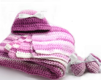 Plum Newborn Baby Set - Ombre Baby Set for Baby Shower - Hat Booties Blanket Baby Gift