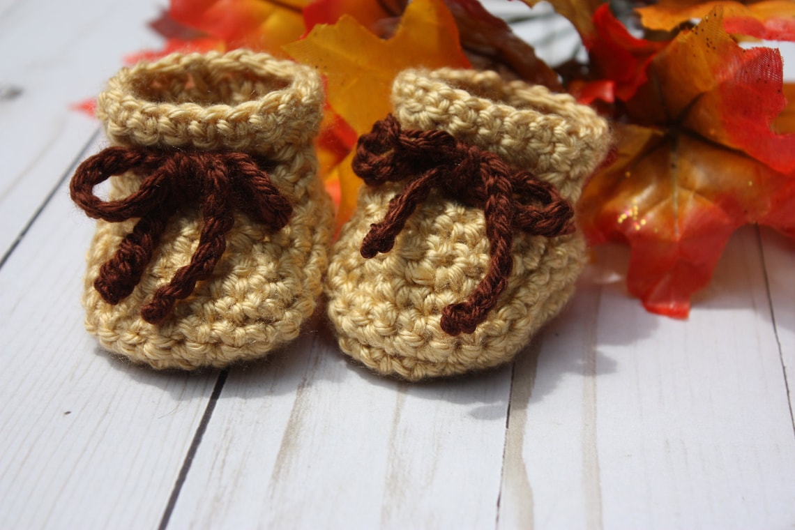 Gold Baby Booties With Brown Ties Fall Baby Booties Autumn Newborn Baby