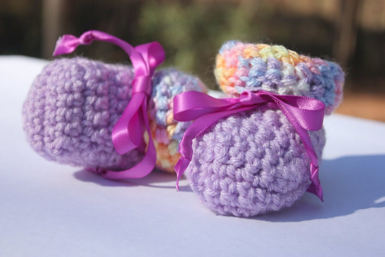 Purple Baby Booties Purple Girl Baby Booties Rainbow Booties Crochet Booties Booties With Ribbon image 3