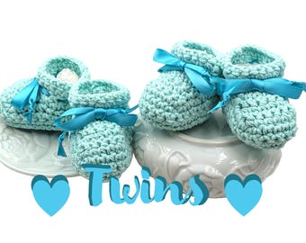 Twins Cotton Aqua Baby Booties with Teal Ribbon Ties