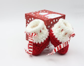 Peppermint Holiday Baby Booties - Crocheted Christmas Baby Booties - Red and White Baby Booties