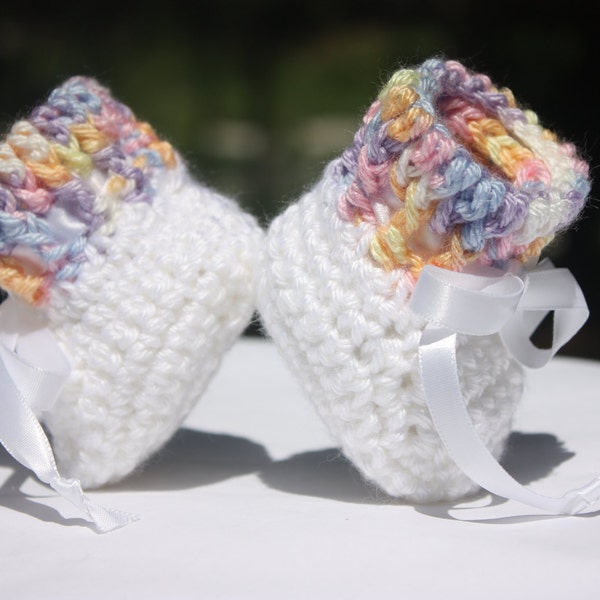 Baby Girl Rainbow Cuff Booties - White Baby Girl Booties - White Crochet Baby Booties - Rainbow Crochet Booties