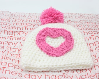 White Baby Hat with Pink Heart - Pink Pompom Heart Infant Beanie - Crochet Heart Baby Hat