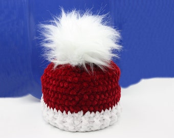 Red Velvet Christmas Baby Hat - Crochet Red and White Baby Hat - Fur Pompom Baby Hat