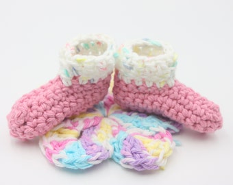 Pink Cotton Preemie Booties with Variegated Cuff - Pink Summer Baby Booties - Crochet Preemie Booties