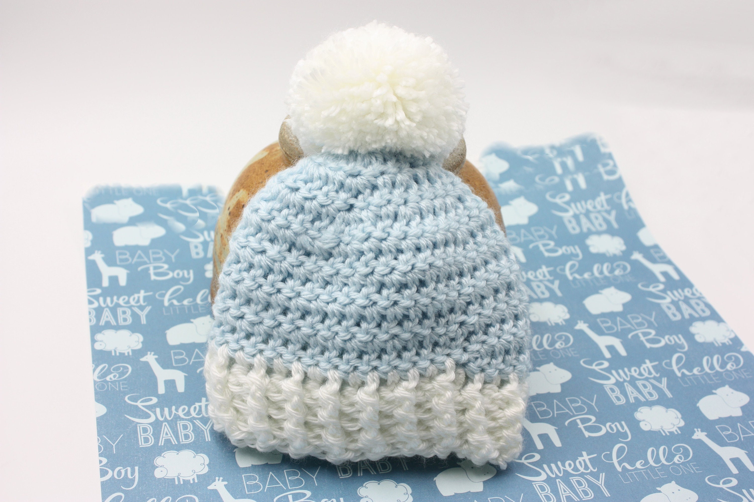 Baby Boy Blue Hat Crochet Blue Newborn Hat With White Ribbing and