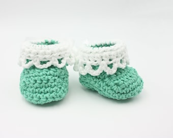 Teal Green Cotton Baby Booties with White Lacey Crocheted Cuff - Summer Baby Shoes -