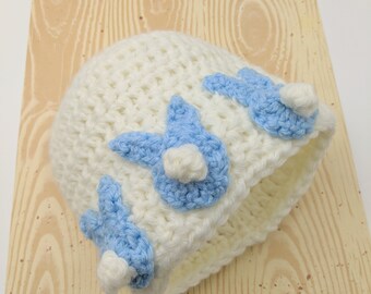 Blue Bunny Baby Hat - Spring Newborn Hat - White Baby Hat with Bunny Appliques