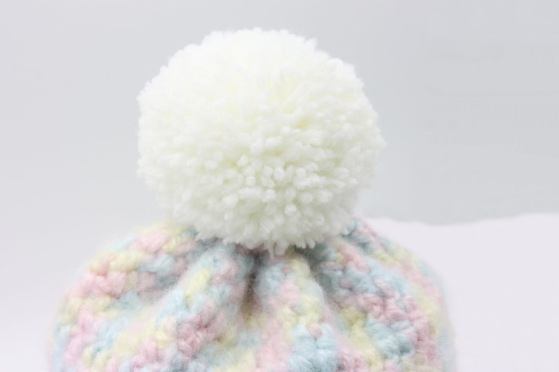 Pastel Rainbow Toddler Hat with White Pompom Variegated Pastel Child Beanie image 3