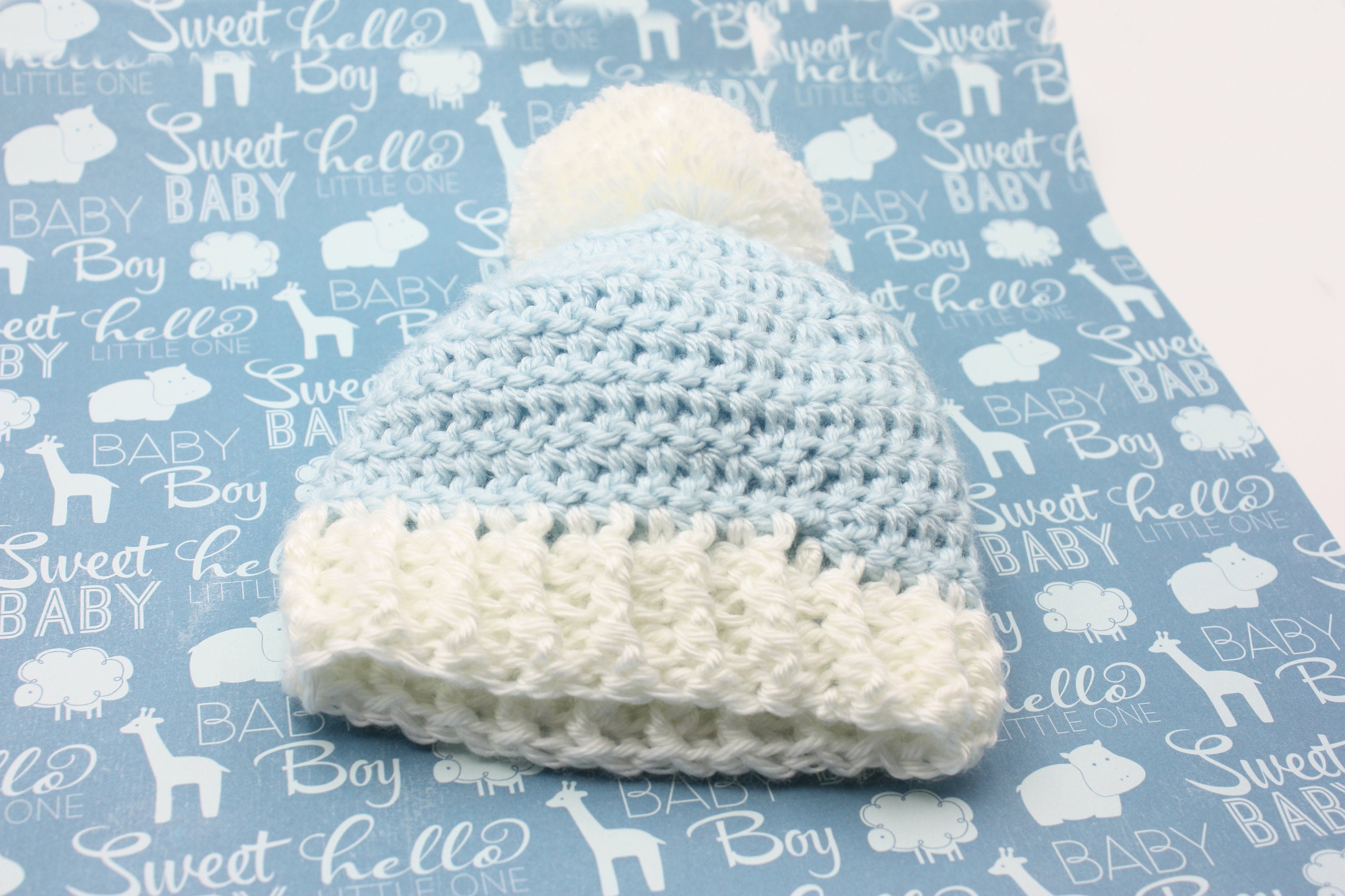 Baby Boy Blue Hat Crochet Blue Newborn Hat With White Ribbing and