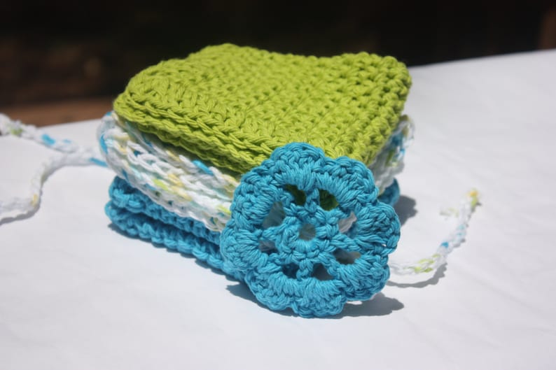 Blue Green Baby Washcloths Crochet Baby Washcloths Cotton Crochet