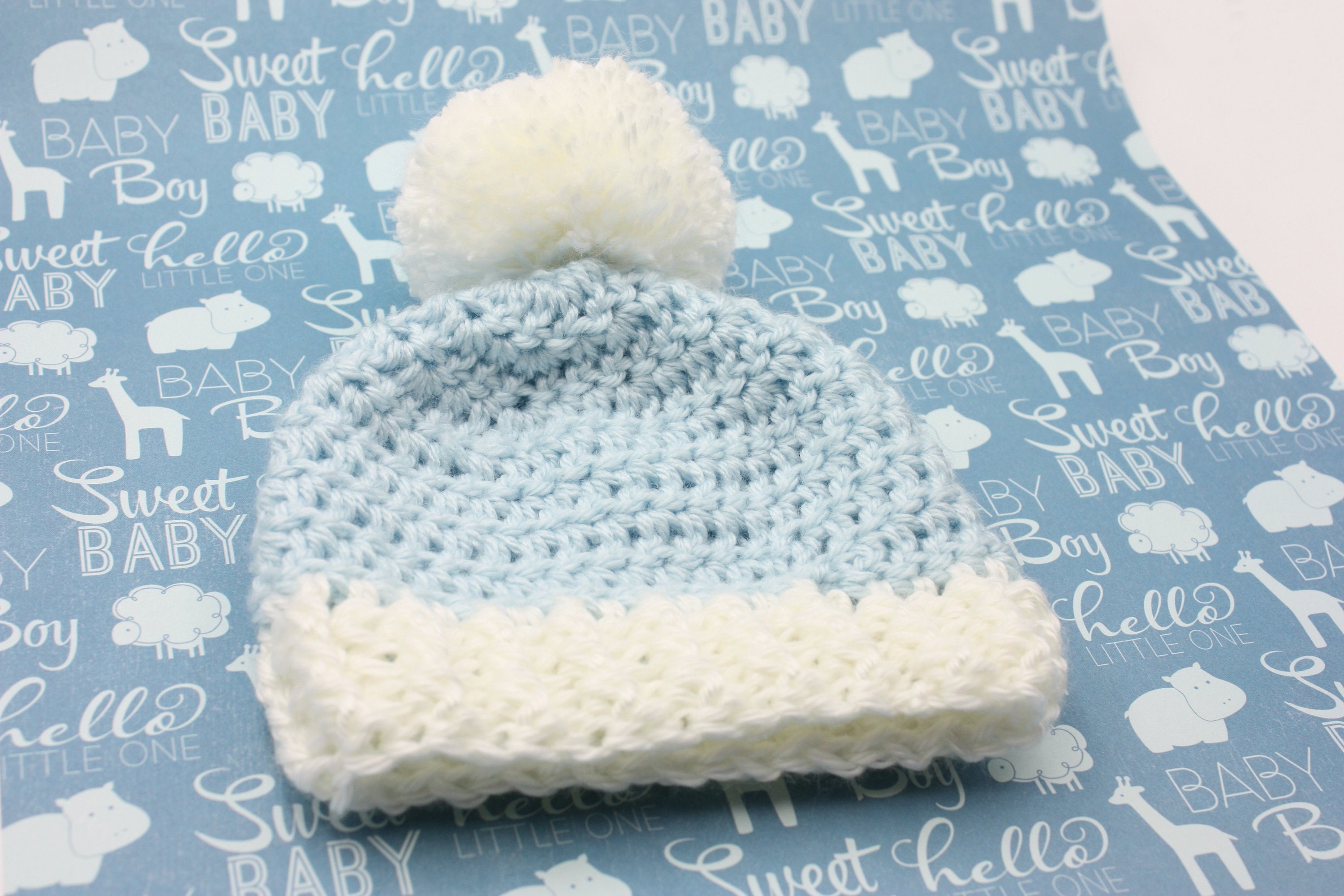 Baby Boy Blue Hat Crochet Blue Newborn Hat With White Ribbing and