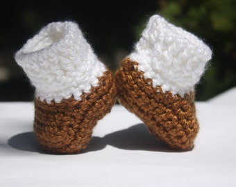 White and Brown Baby Booties - Baby Boy Crochet Booties - Newborn Crochet Booties - Two Tone Booties