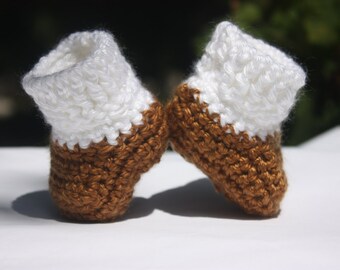 White and Brown Baby Booties - Baby Boy Crochet Booties - Newborn Crochet Booties - Two Tone Booties