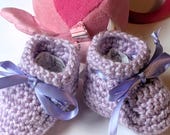 Purple Crocheted Baby Booties With Ribbon Ties  -  Newborn Purple Booties