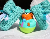 Turquoise Baby Booties - Crochet Preemie Booties - Booties with Ribbon
