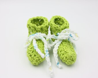 Green Cotton Preemie Baby Booties with Variegated Ties - Summer Preemie Baby Booties -