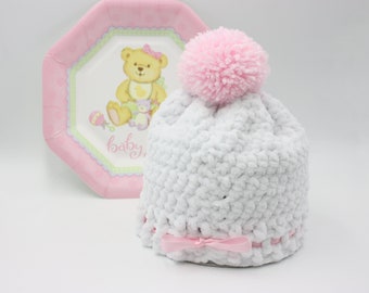 White Velvet Baby Hat with Pink Bow and Pompom - Newborn Crochet White Velvet Hat - Winter Baby Gift