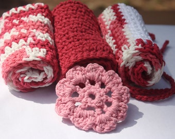 Pink and Red Washcloth Set - Baby Girl Washcloth Set - Crochet Baby Washcloth Set- 3 Piece Washcloth Set