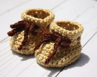 Gold Baby Booties with Brown Ties - Fall Baby Booties - Autumn Newborn Baby Booties - Crochet Gold Booties