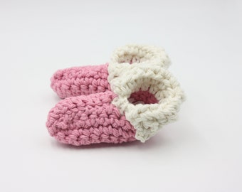 Pink Cotton Preemie Booties with Ecru Cuffs - Summer Baby Booties - Crochet Preemie Booties