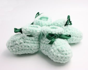 Mint Green Velvet Twin Baby Booties - Girl or Boy Twin Booties - Crochet Velvet Twin Booties