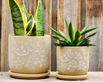 Mischa Textured Beige and White Botanical Embossed Plant Pot Planter