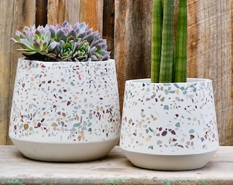 Multi Green, Mustard and Beige Terrazzo Concrete Stone Pot Planter