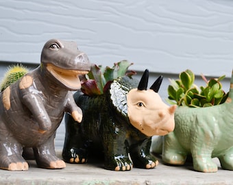 Quirky Glazed Ceramic Dinosaur Planters