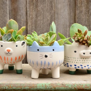 White Ceramic Hand Painted Footed Animal Planters Cat Sheep Pig