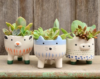 White Ceramic Hand Painted Footed Animal Planters Cat Sheep Pig