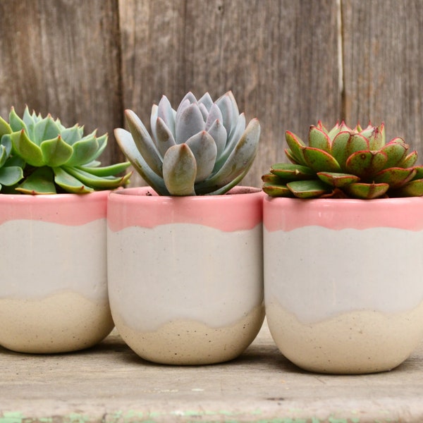 Set of Three Handmade Ceramic Salmon Pink and Cream Speckled Planters